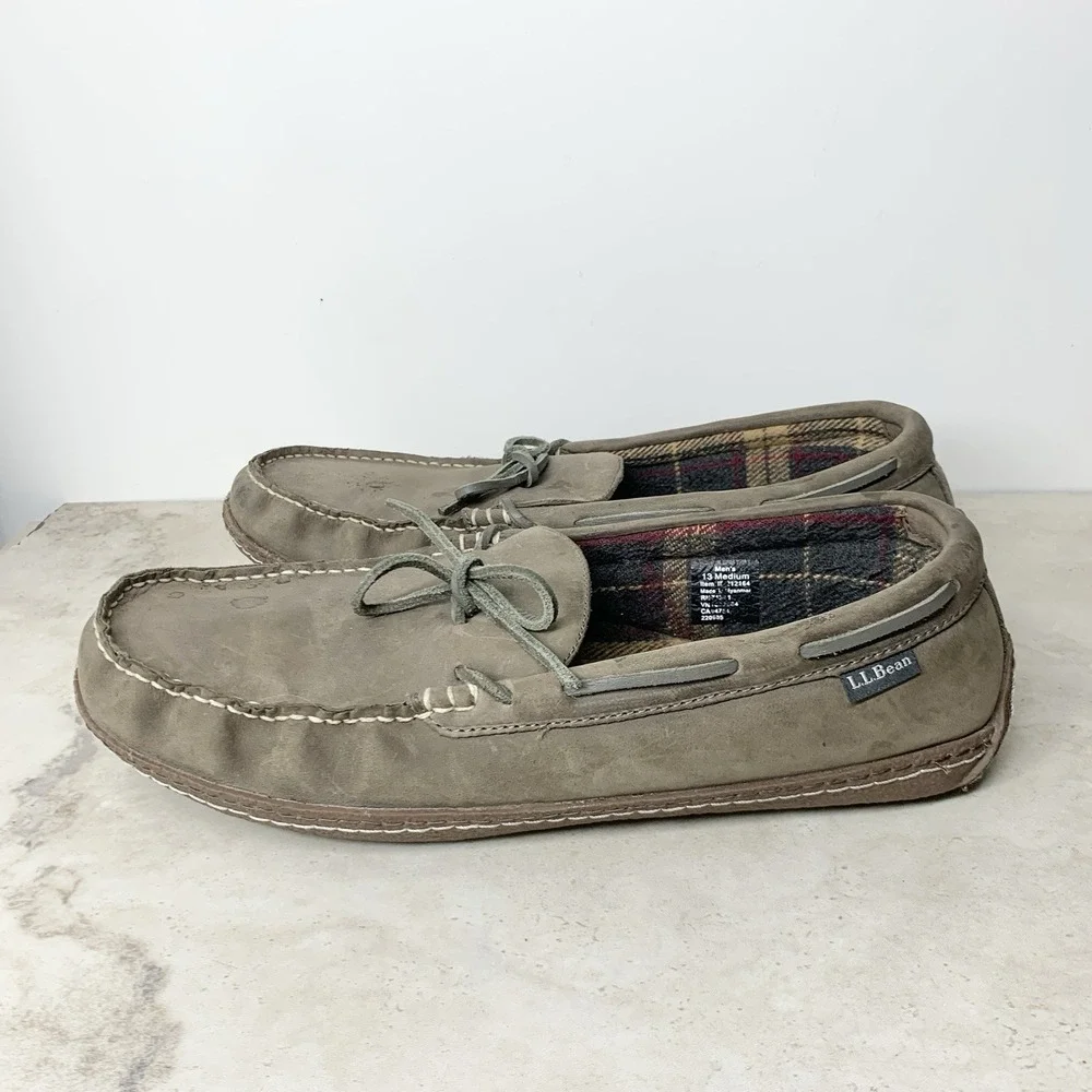 LL Bean Slippers Men Size 13 Shoes Gray Leather Flannel Lined Moccasins Slip On